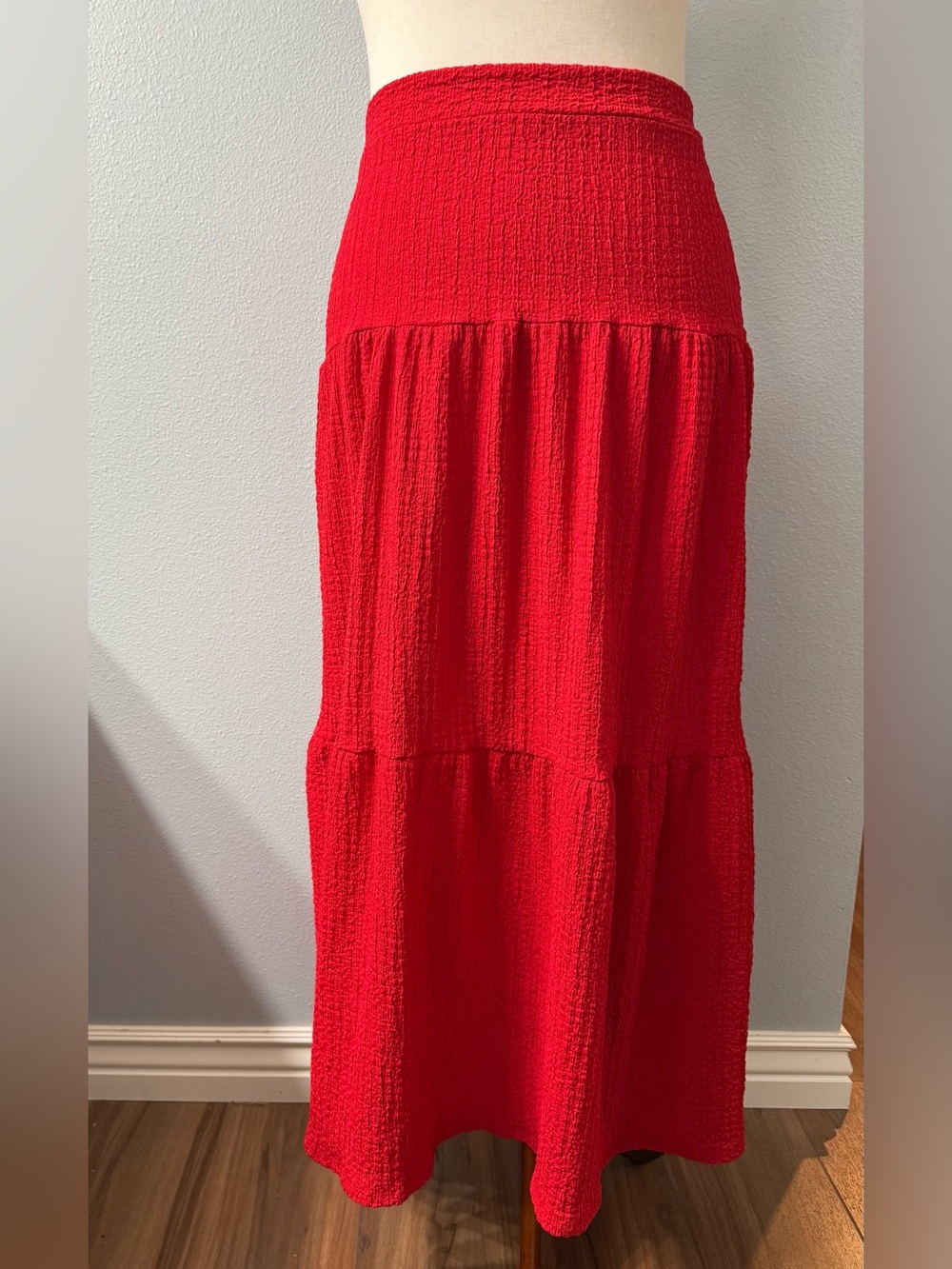 Timing Red Tiered Maxi Skirt Elastic Waist Boho Festival